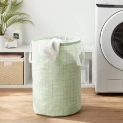 Scrunchable Round Laundry Hamper Green Stitch Grid - Brightroom™