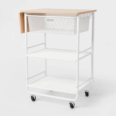 Metal Storage Cart with Mesh Drawer and Wood Top - Brightroom™ White 3 Metal Storage Cart with Mesh Drawer and Wood Top - Brightroom™ White - Image 3
